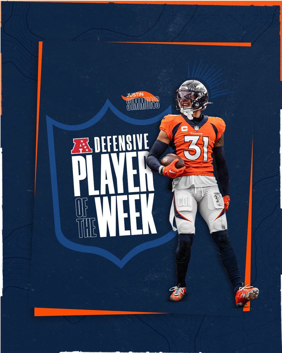 Broncos's tweet photo. 🗣️🗣️🗣️ 

RT to congratulate @jsimms1119 on being named AFC Defensive Player of the Week‼️

📰 » https://t.co/86KpsRbDW8 https://t.co/IArNmrnRL3