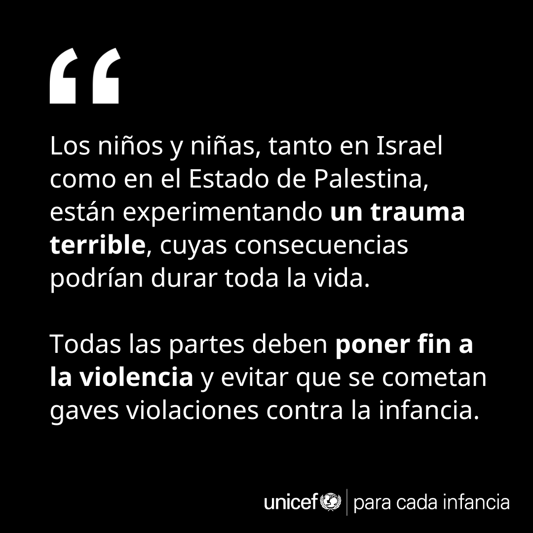 unicefenespanol's tweet photo. Los niños no inician conflictos ni pueden detenerlos.

En nombre de todos los niños y niñas atrapados en esta pesadilla, llamamos al mundo a ser mejor. Ya sean jóvenes que asisten a un festival de música o niños que viven su vida cotidiana en Gaza, todos ellos merecen la paz. https://t.co/LqTVouzhBa