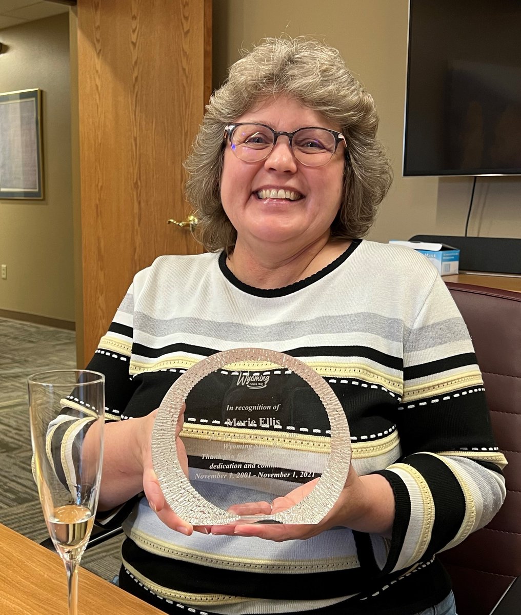 WyomingStateBar's tweet photo. A big thank you to Marie Ellis as we celebrate her 23 years of employment with the Wyoming State Bar!🎉
On 11/1/2001, Marie began as the Bar office receptionist & in ‘06 was promoted to her current position as the CLE Director. https://t.co/gsweAAFJHr