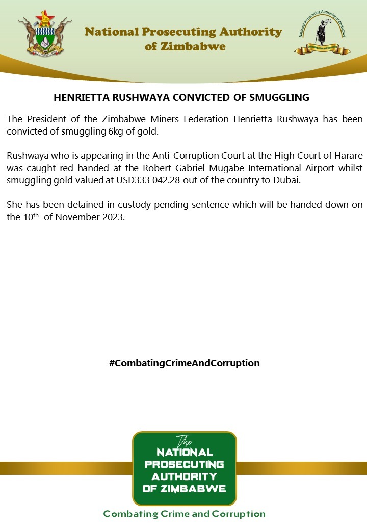 Zimbabwe Miners Federation president Henrietta Rushwaya has been convicted on charges of attempting to smuggle 6kg of gold through the VIP route at Robert Gabriel Mugabe International Airport, three years ago. She was remanded in custody to 10 November #ezratshisa4life