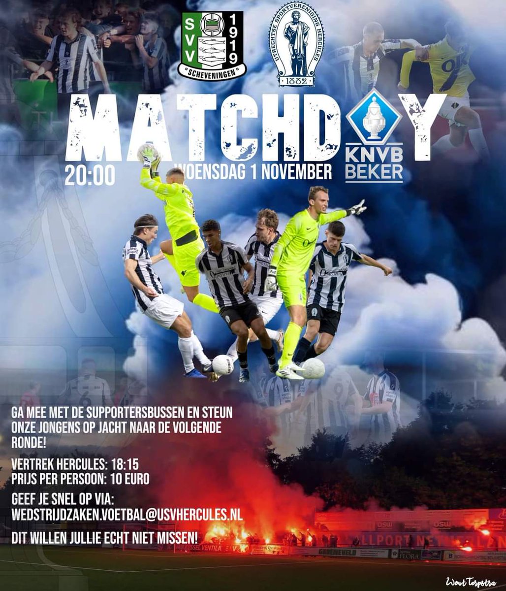 USV Hercules (@usvhercules1) on Twitter photo Matchday vandaag!
Vandaag neemt <a href="/UsvHercules1/">USV Hercules</a> het op tegen <a href="/SVVSchev/">SVV Scheveningen</a> in een uitduel om de <a href="/knvbbeker/">KNVB Beker</a>
Met de supportersbus, en de steun van alle supporters gaan ze voor de volgende ronde.
Ben jij er bij!
Woensdag 1 november
Aanvang: 20:00
Sportpark Houtrust Matchday vandaag!
Vandaag neemt <a href="/UsvHercules1/">USV Hercules</a> het op tegen <a href="/SVVSchev/">SVV Scheveningen</a> in een uitduel om de <a href="/knvbbeker/">KNVB Beker</a>
Met de supportersbus, en de steun van alle supporters gaan ze voor de volgende ronde.
Ben jij er bij!
Woensdag 1 november
Aanvang: 20:00
Sportpark Houtrust