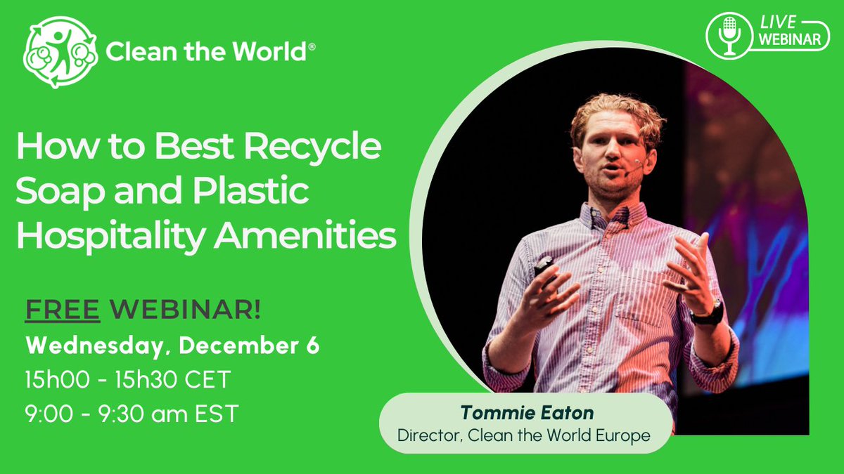 CleantheWorld's tweet photo. DO YOU WORK IN HOSPITALITY, ARE PASSIONATE ABOUT SUSTAINABILITY AND ESG?
Join us for the inaugural episode of the Clean the World Free Webinar Series, featuring Director of Clean the World Europe, Tommie Eaton.
REGISTER FOR FREE HERE: https://t.co/kivxjb9s9X
#recyclingsolution https://t.co/uWgyj3dvRW