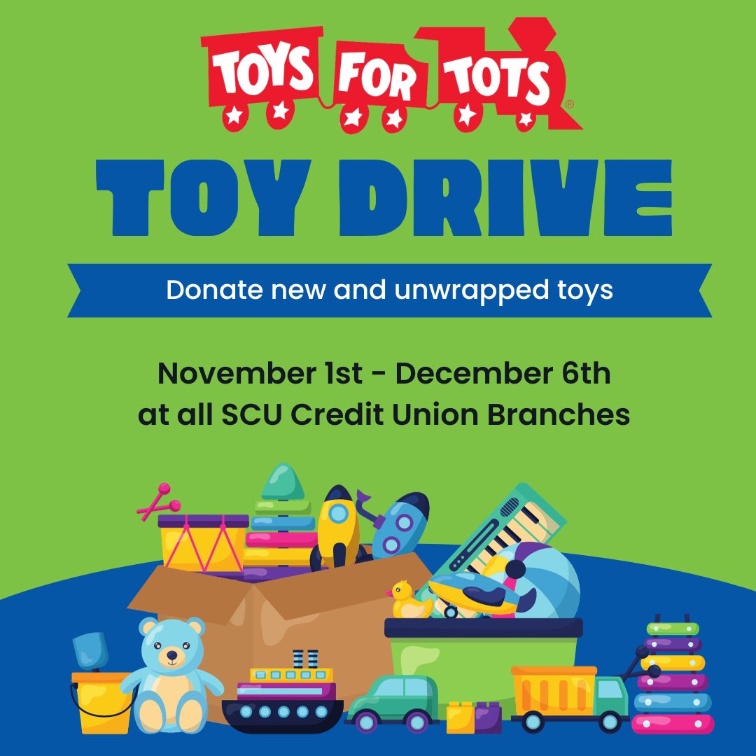 JoinSCU's tweet photo. Help us make this holiday season extra special for children in need! Join our annual Toys for Tots toy drive from Nov 1st - Dec 6th. Drop off new and unwrapped toys at any SCU Credit Union branch location. Let's spread joy and create unforgettable moments together! https://t.co/gK2XKg0yBI