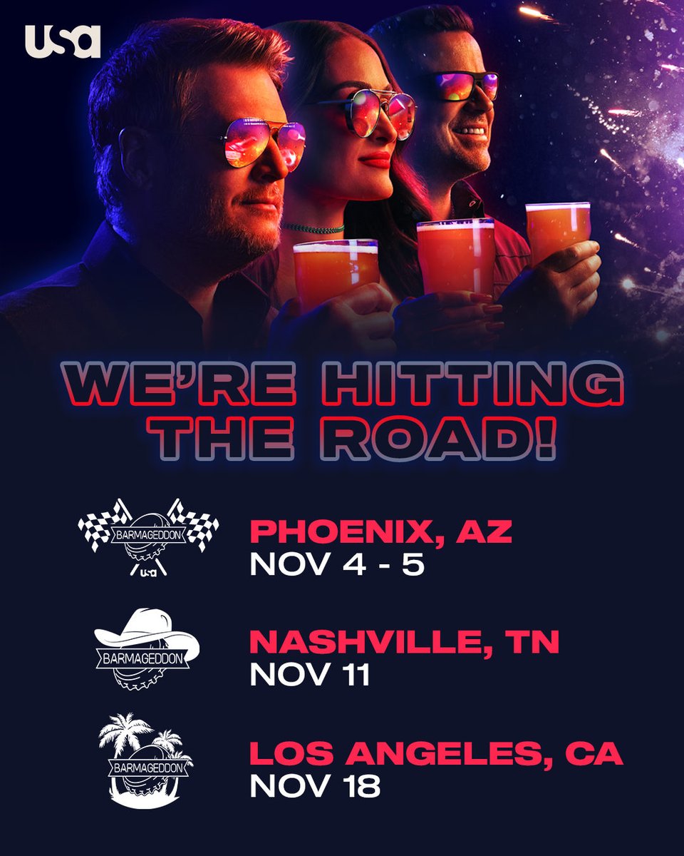 USANetwork's tweet photo. #Barmageddon is hitting the road! 🤠🎸🌟 Come by, play some games, spin the Wheel of Redemption, you never know who you could run into. See you at the honky tonk! https://t.co/qqFcxAF9NY