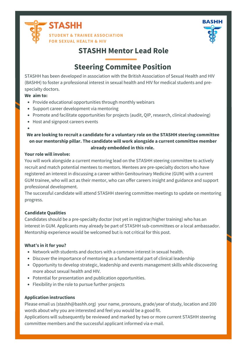 We're recruiting! We are looking for a pre specialty doctor to join our steering committee as a mentorship co-lead. Check out the details below and apply to our email stashh@bashh.org #loveGUM #chooseGUM