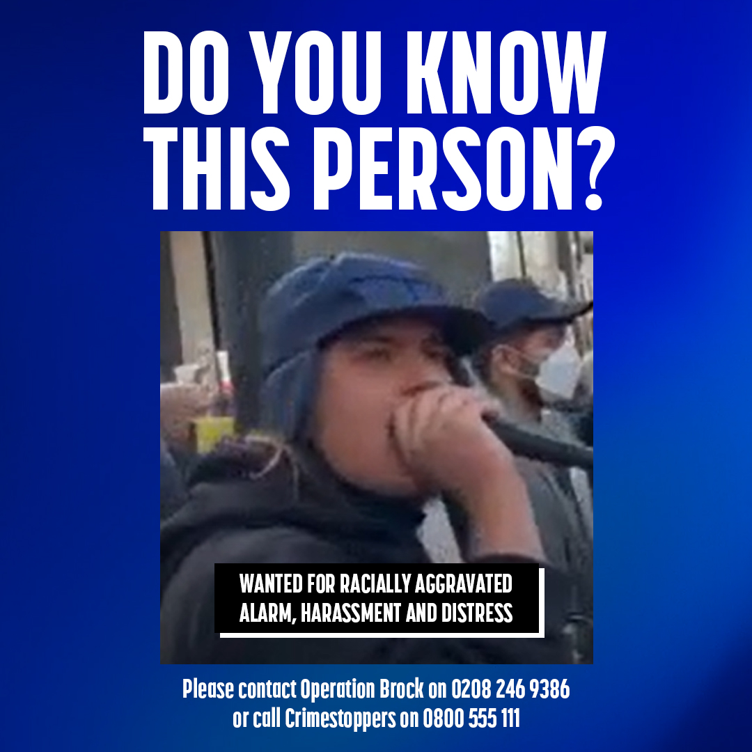 metpoliceuk's tweet photo. This person is wanted for racially aggravated alarm, harassment and distress.

If you know the identity of the person in this photo please contact:

☎️Operation Brock on 0208 246 93
☎️Crimestoppers on 0800 555 111
💻Visit https://t.co/ZlauDgOyUC
Crime reference number: 6573021/23 https://t.co/ykDah33qPW