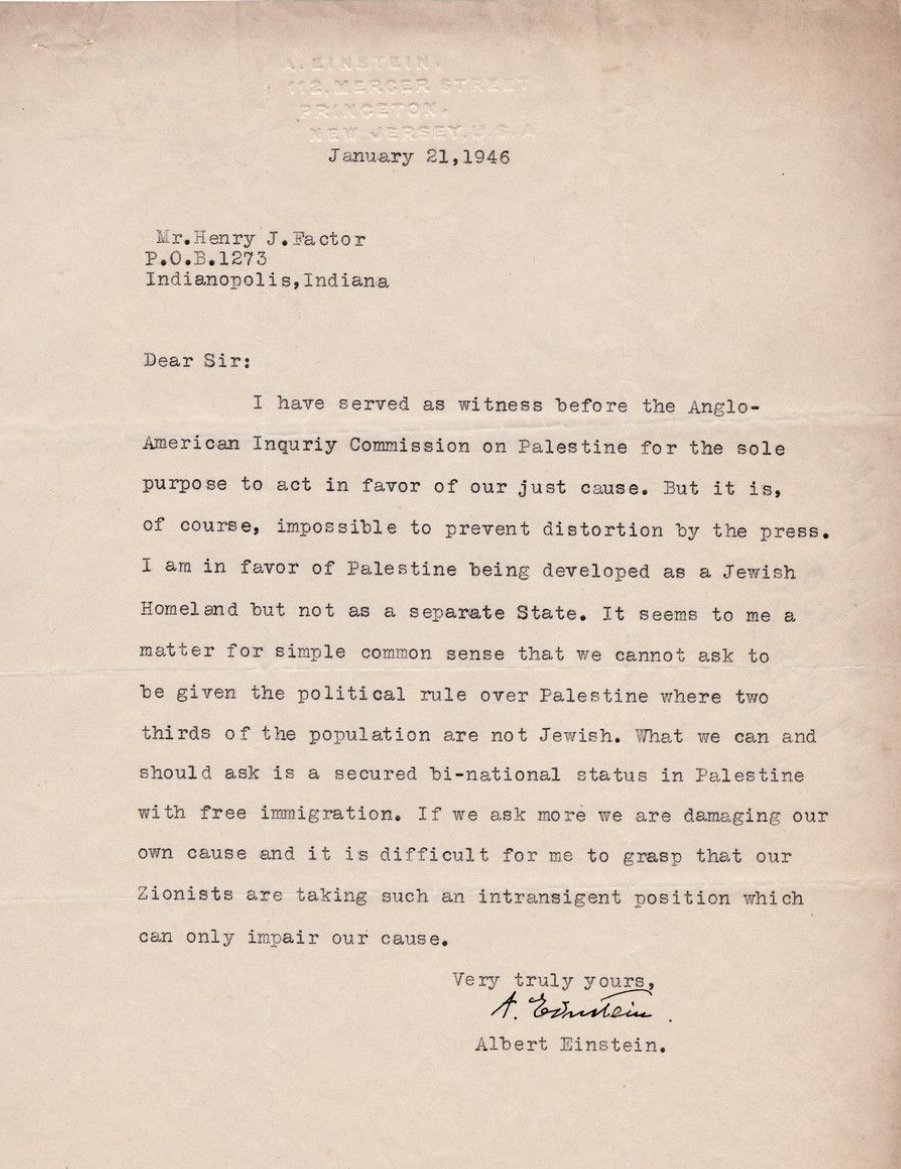 pratsonpaper's tweet photo. Here's a letter by Albert Einstein from 1946 reflecting his views on Palestine-Israel matter. As someone with first-hand experience of fascism, his thoughts below are telling!
#IsraelPalestineConflict #PalestineHolocaust #PalestineIsraelwar #Israel #Palestine  #alberteinstein https://t.co/pjxVyMGNlB