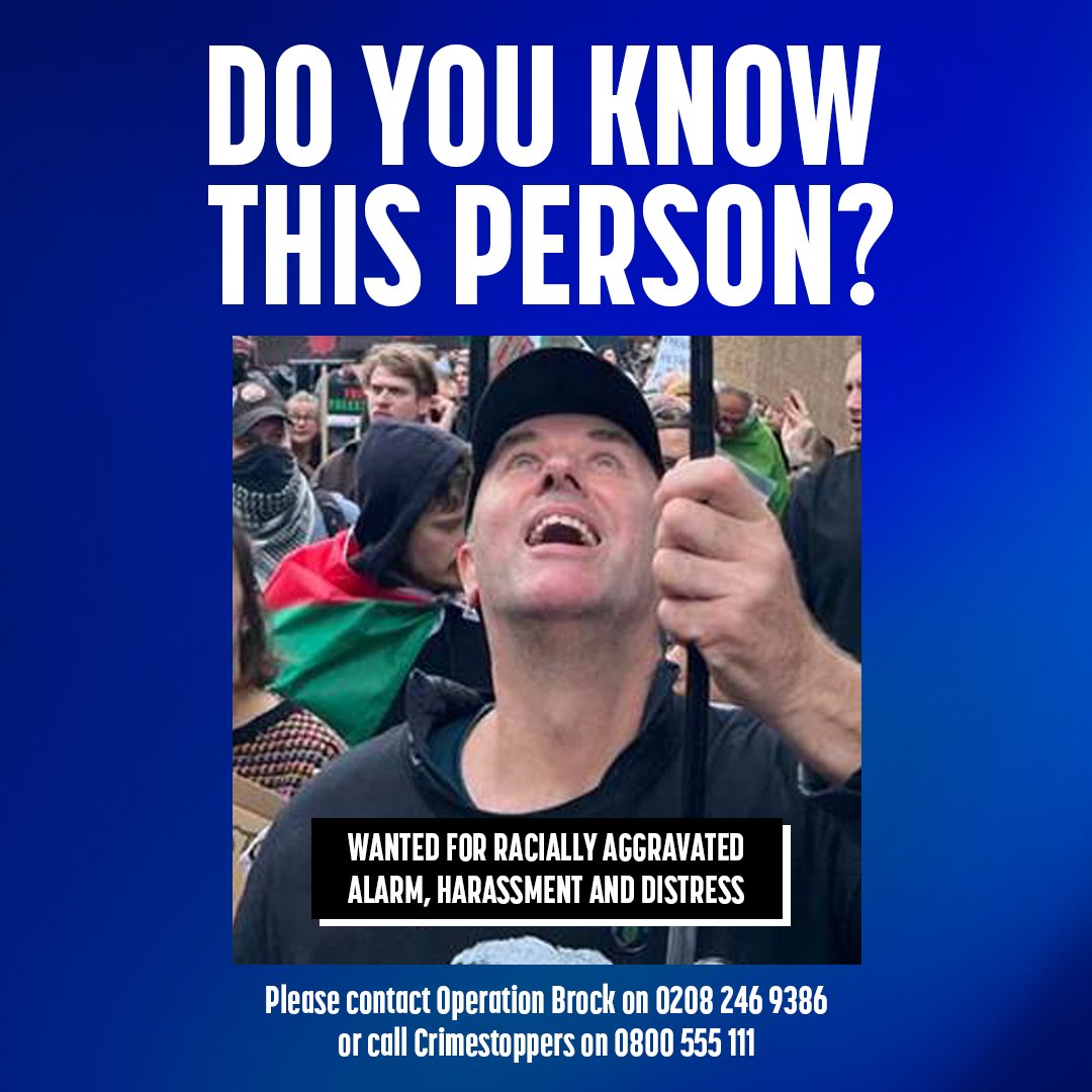metpoliceuk's tweet photo. This person is wanted for racially aggravated alarm, harassment and distress.

If you know the identity of the person in this photo please contact:

☎️Operation Brock on 0208 246 93
☎️Crimestoppers on 0800 555 111
💻Visit https://t.co/ZlauDgOyUC
Crime reference number: 6577229/23 https://t.co/YmArwZybyI