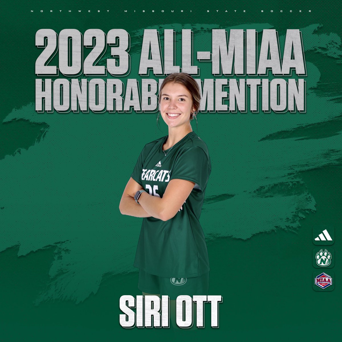 Sophomore midfielder Siri Ott (Waverly, Iowa) tallied all-MIAA Honorable Mention accolades. Ott joined the Bearcats as a transfer from the University of Northern Iowa in the summer. #oabaab💚🐻🐱 #onemore #respectthepaw