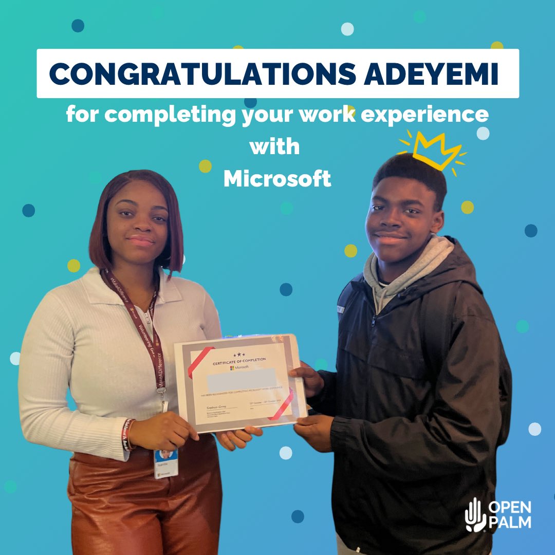 OpenPalmCharity's tweet photo. A huge well done to Adeyemi, one of our young people, who completed a 1-week placement at @Microsoft this Oct half term. 

We were thrilled to place Adeyemi, who attended 2 of Microsoft’s UK offices, completed practical exercises and built a network in tech! 👏🏻👏🏾👏🏿 https://t.co/ZUCTfr434V