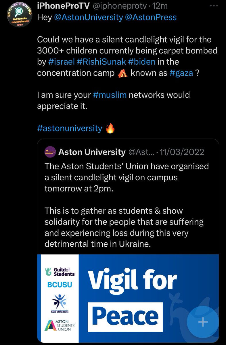 @AstonAlumni @AstonUniversity #Astonforlife I’m an Aston alumnus 👩‍🎓 
Wondering if you will be talking about having a silent candle night vigil (similar to what you did for Ukraine to show solidarity) for The 3500+ children dead in #Gaza concentration camp? 

I haven’t heard a whisper from #Astonuniversity