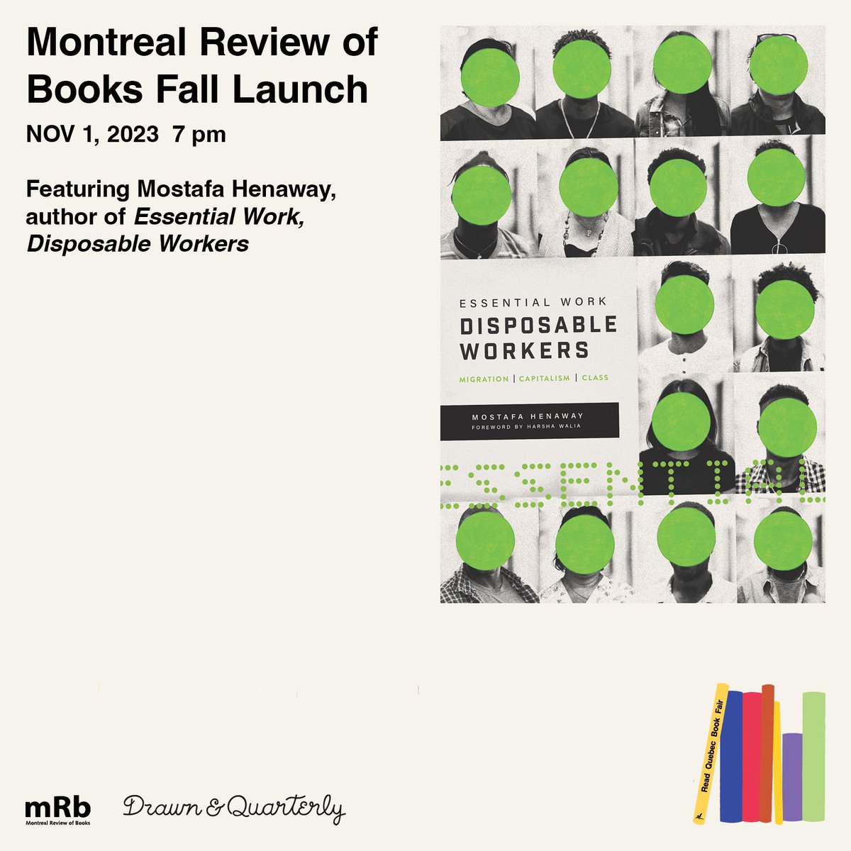 Tonight! Join us at La Petite Librairie Drawn & Quarterly for the launch of the latest @MtlReviewofBks! Featuring @swanmichaels, #ChrisBergeron and @mostafah. ✨📖 Plus, it’s a great way to kick off the #ReadQuebec Book Fair! More info: readquebec.ca/event/montreal…