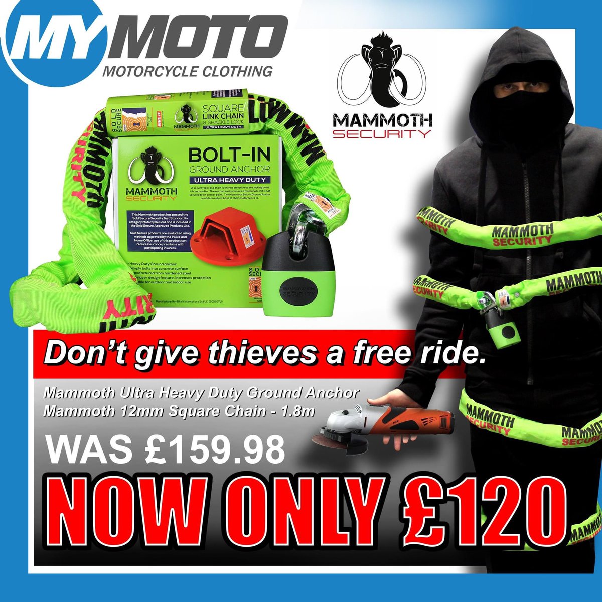 Mammoth Chain and Ground Anchor package deal.
Was £159.99
Now Only £120

Available in our MyMoto Manchester store NOW!!

*Whilst stocks last. Terms and condition apply.

#motorcyclesecurity #mymoto #mammothsecurity #Manchester