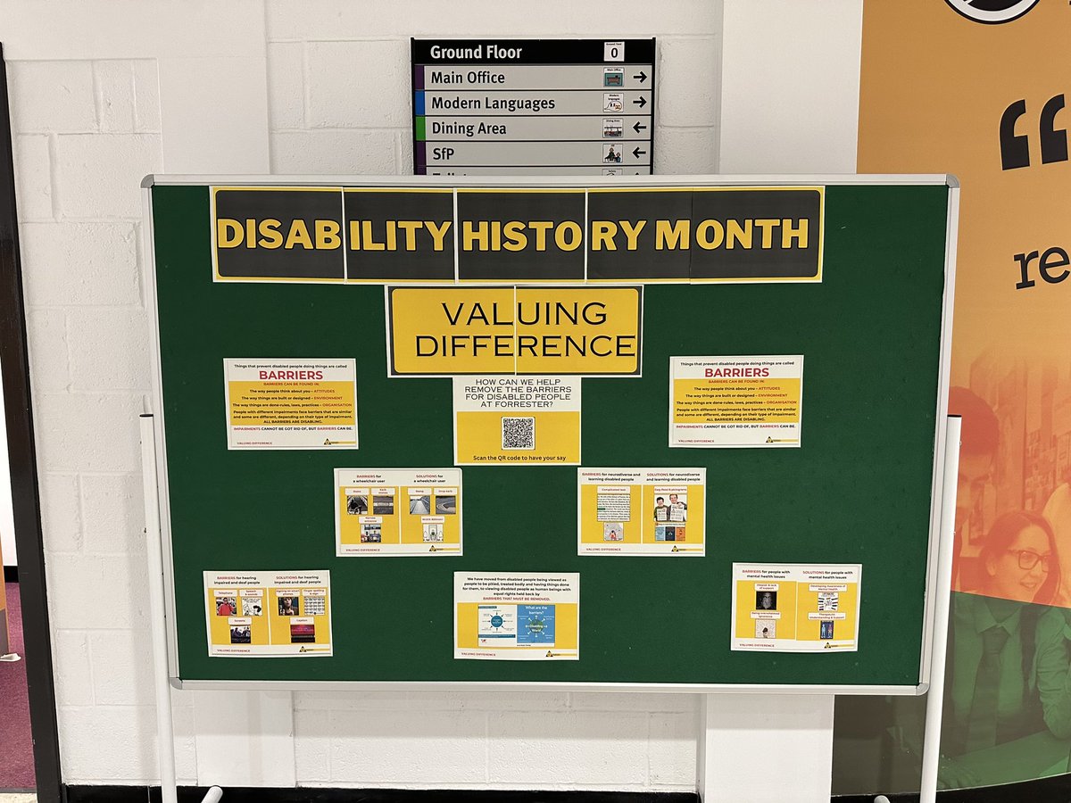 Fab new board in the foyer highlighting Disability History Month. If you’re passing by scan the QR code to let us know how we can make <a href="/forresterhs/">Forrester High</a> a more accessible place for both visible and invisible disabilities 💛