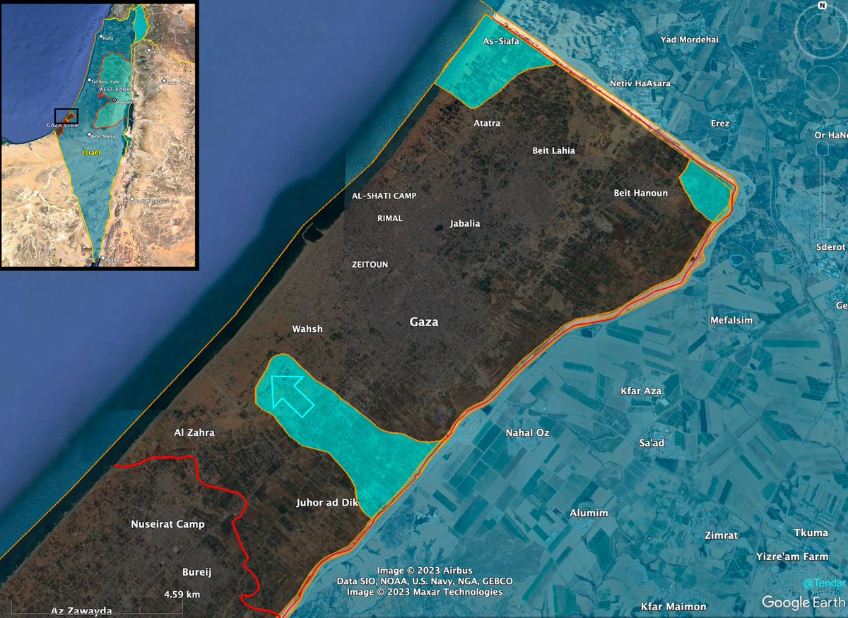 Tendar's tweet photo. Israeli Forces have almost completed the cutting through of the Gaza Strip. The IDF spearheads are little more than 1 km away from the coast and I estimate that they will reach the coast within the next 24h.

#Israel #Gaza https://t.co/kyuzLZL6bc
