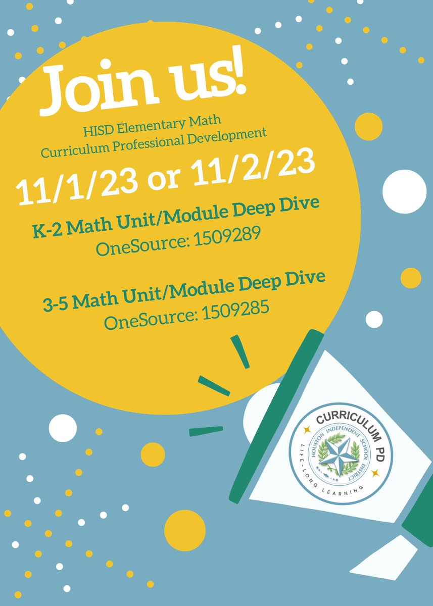 📢 ATTENTION Teachers & Leaders📢
 Join our fabulous presenters  @math22_miss @CBaity_16 and @Jess_Richman1 TODAY (11/1) at @DurhamES or @katesmithes or TOMORROW (11/2) at @AskewAllStars or @SouthmaydES !!!
@HISD_CPD @nperez10 @tfox015 @DonelleWilliams #HISDCPD