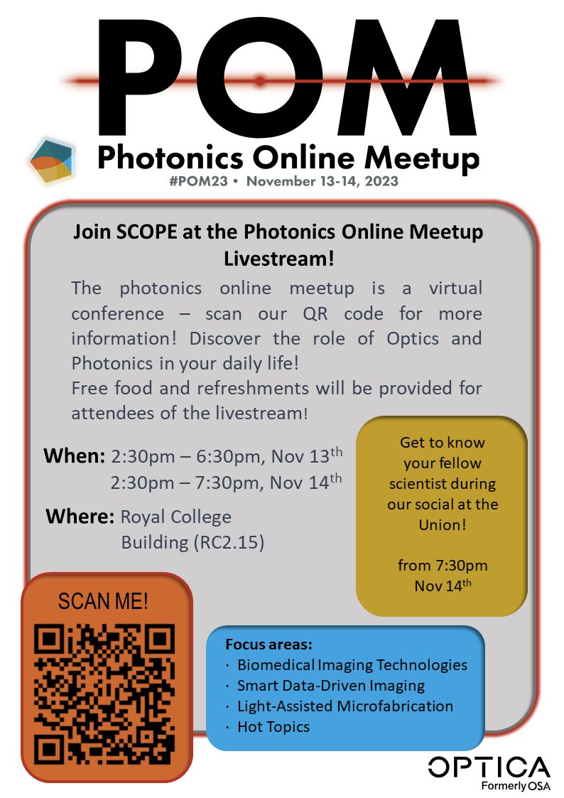 🌟 Join SCOPE for a fantastic virtual experience at the Photonics Online Meetup! 📡🔬 We're livestreaming this conference over two days, and we've got food and refreshments covered. Don't miss out! (photonicsonlinemeetup.org)