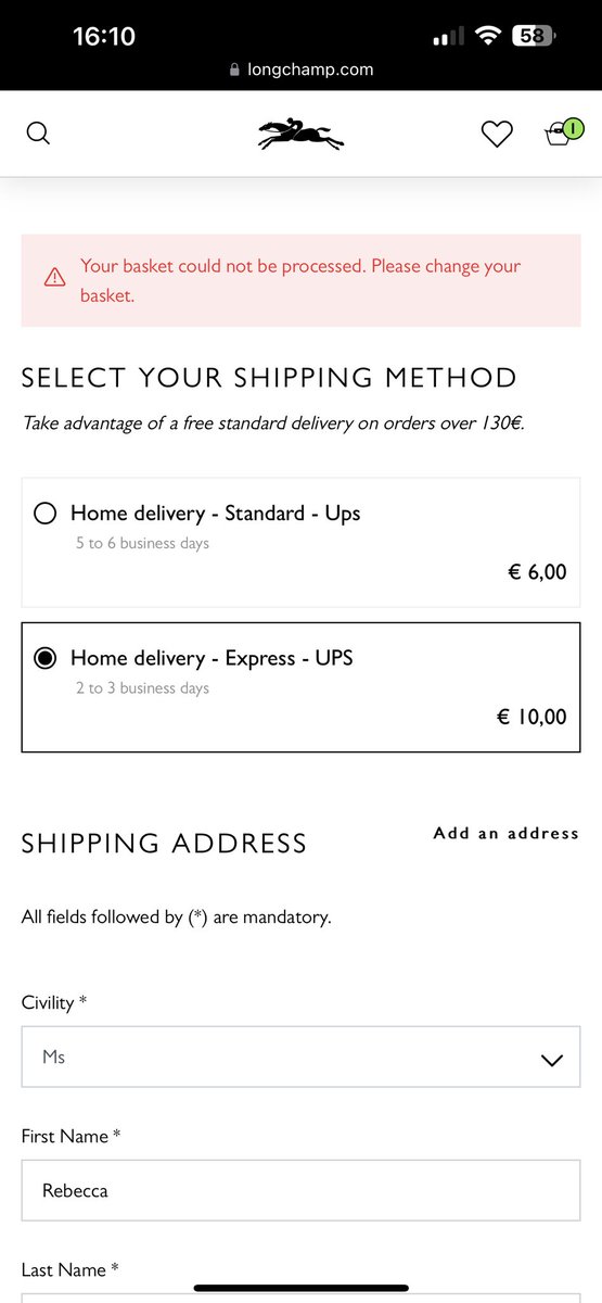beccambeth's tweet photo. @Longchamp just wondering what the problem is… I’ve been trying to make a purchase the past few days and this is the error I’m getting every time. https://t.co/mw9QXq4b4u