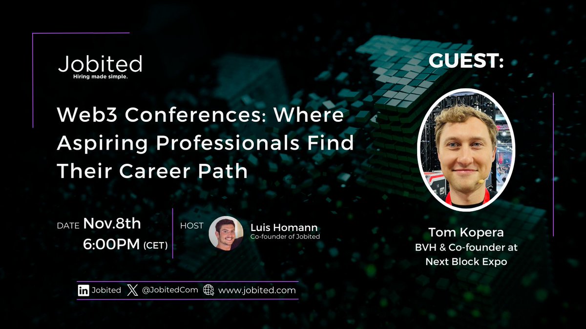 Jobited (@jobitedcom) on Twitter photo 🎙️ Join our Space with Tom Kopera (<a href="/tomkopera/">Tom Kopera</a>), BVH & Co-founder at <a href="/nextblockexpo/">Next Block Expo</a>
🎁For this occasion, we will also be giving away 1 NBX VIP Ticket worth $1299, simply ❤️+ 🔄
🗓️ Nov.8th 6:00PM (CET)
👉 Set reminder here:
x.com/i/spaces/1dRJZ…
Don't miss out!🚀 🎙️ Join our Space with Tom Kopera (<a href="/tomkopera/">Tom Kopera</a>), BVH & Co-founder at <a href="/nextblockexpo/">Next Block Expo</a>
🎁For this occasion, we will also be giving away 1 NBX VIP Ticket worth $1299, simply ❤️+ 🔄
🗓️ Nov.8th 6:00PM (CET)
👉 Set reminder here:
x.com/i/spaces/1dRJZ…
Don't miss out!🚀