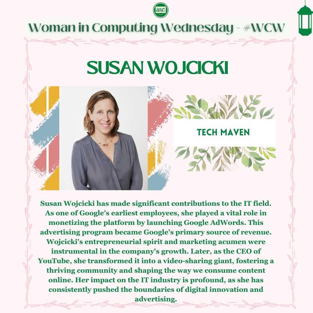 unt_wic's tweet photo. #WomaninComputingWednesdays #WCW #WIC

#WCW this week is Susan Wojcicki, a key figure in IT. Early Google employee, she launched AdWords, Google's primary revenue source. As YouTube's CEO, she shaped online content consumption, leaving a profound mark on digital innovation. https://t.co/u8CMBMxXaX