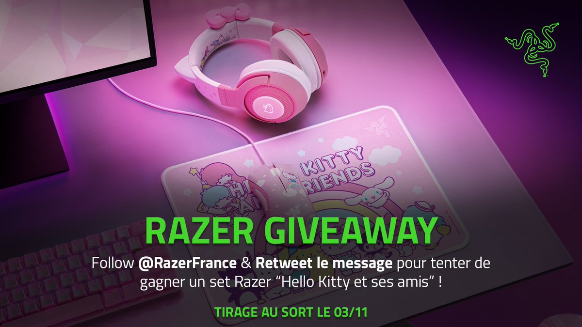 RazerFrance's tweet photo. Aujourd'hui, c'est l'anniversaire de #HelloKitty ! 😺
Pour cette occasion, on vous fait gagner un set comportant le casque, la souris et le tapis de souris Razer "Hello Kitty et ses amis" !

Pour participer, il vous suffit de :

1⃣ Suivre le compte @RazerFrance 🐍
2⃣ Retweet ce message
3⃣ Habiter en France/Belgique/Suisse/Luxembourg (pour l'envoi du colis)

On tirera au sort une personne ce vendredi 3 novembre aux alentour des 18h. Bonne chance ! 🤞