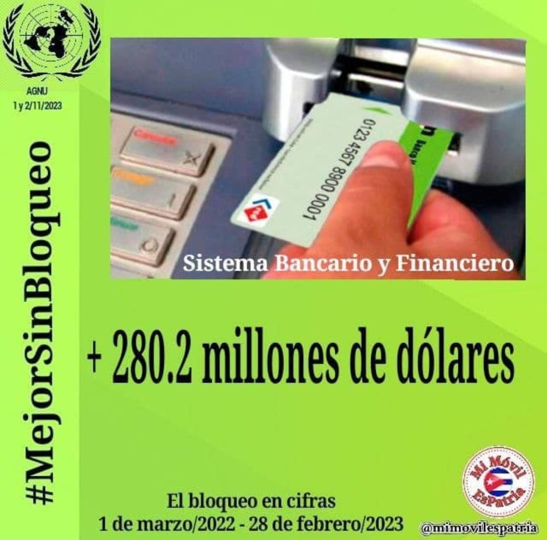 Entre 2022 y 2023, los detrimentos monetario-financieros ocasionados a la economía 🇨🇺 por el #bloqueo superaron los 280,2 millones d dólares, lo q denunciará hoy 1ro. y 2/11 en #UNGA2023, nuestro Canciller, @BrunoRguezP. #MejorSinBloqueo #LatirAvileño #MejorSinBloqueo @CubaONEI