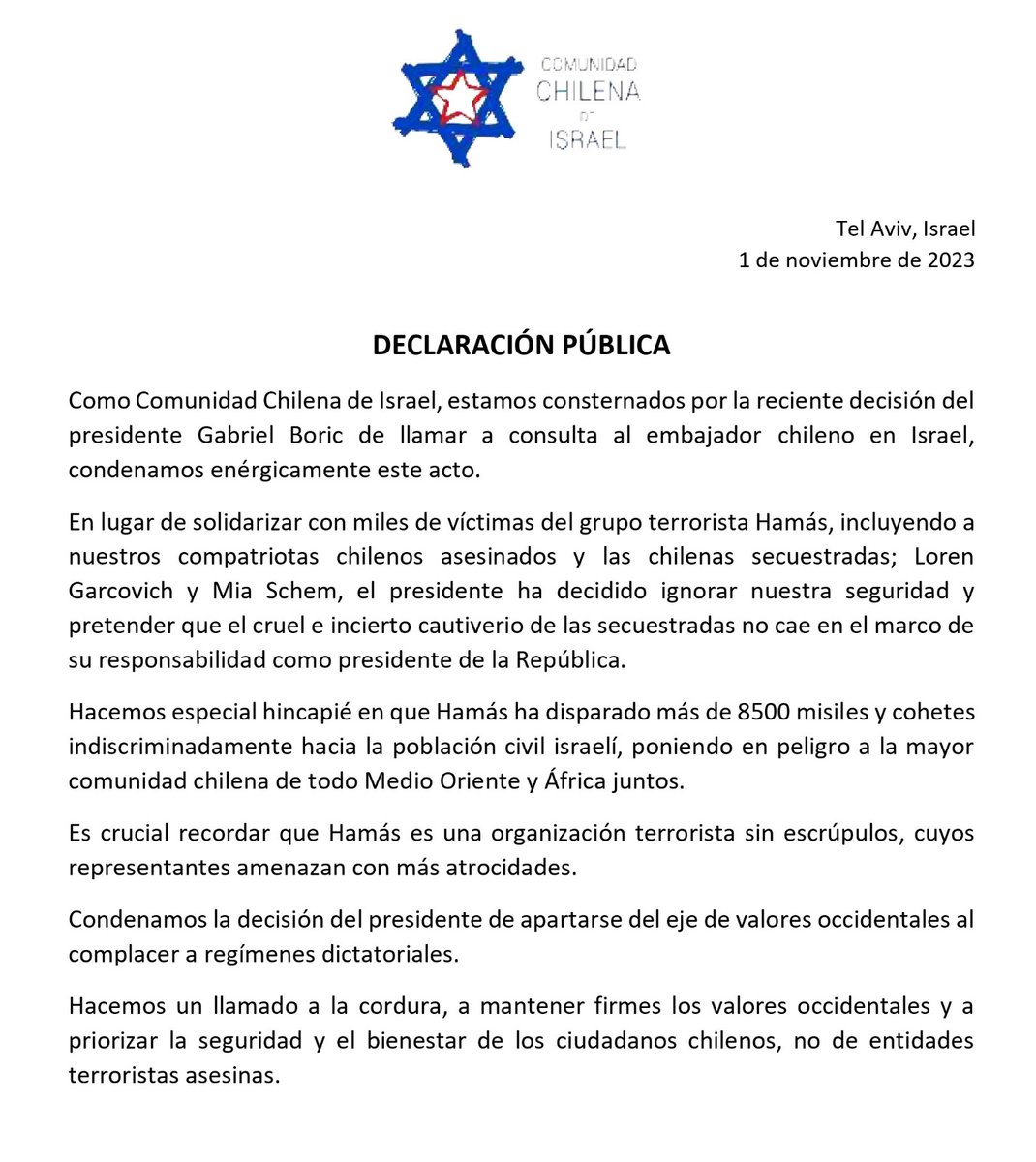 CoChilenaIsrael's tweet photo. Declaración pública https://t.co/YYhIZOvGth