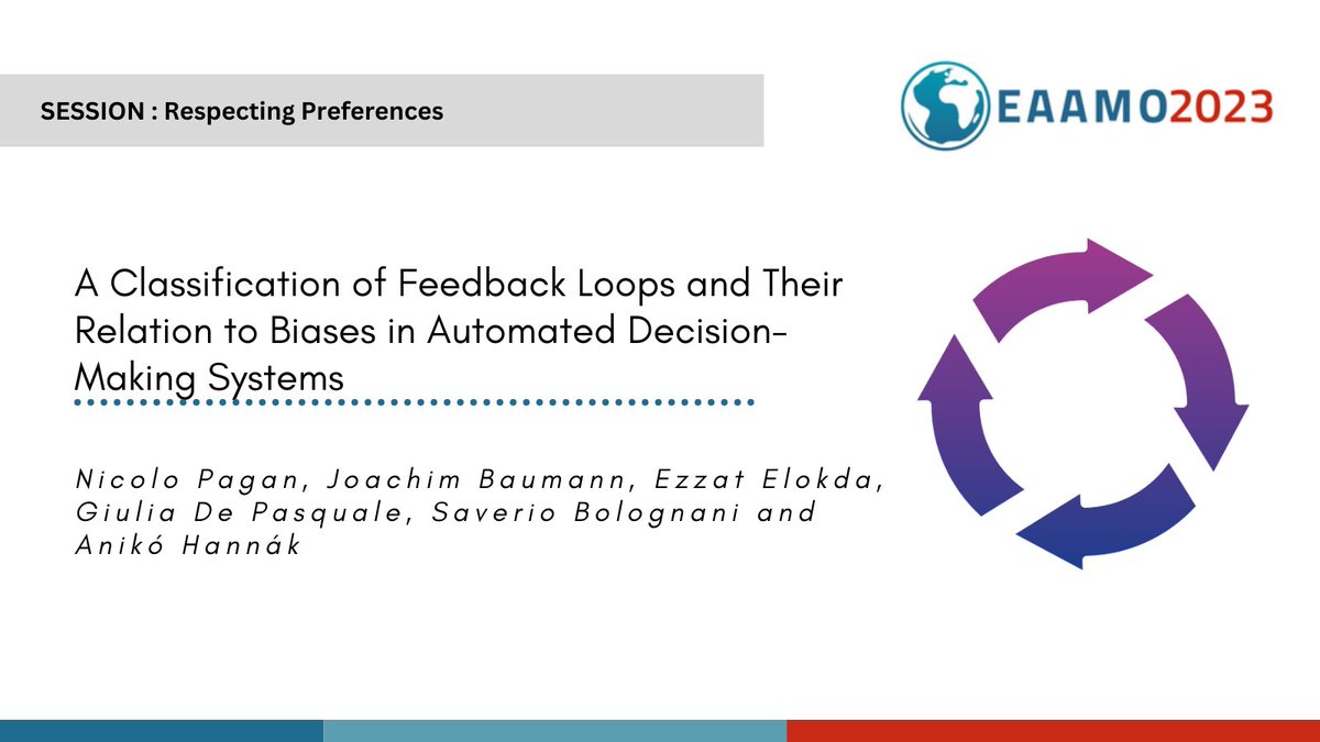 ACM EAAMO (Handle Retired, Visit @EAAMO_ORG) (@acmeaamo) on Twitter photo Our last talk of the Respecting Preferences session is, “A Classification of Feedback Loops and Their Relation to Biases in Automated Decision-Making Systems” and is being presented by <a href="/NicoloPagan/">Nicolò Pagan</a> and <a href="/joabaum/">Joachim Baumann</a>!
#EAAMO23
(1/3) Our last talk of the Respecting Preferences session is, “A Classification of Feedback Loops and Their Relation to Biases in Automated Decision-Making Systems” and is being presented by <a href="/NicoloPagan/">Nicolò Pagan</a> and <a href="/joabaum/">Joachim Baumann</a>!
#EAAMO23
(1/3)
