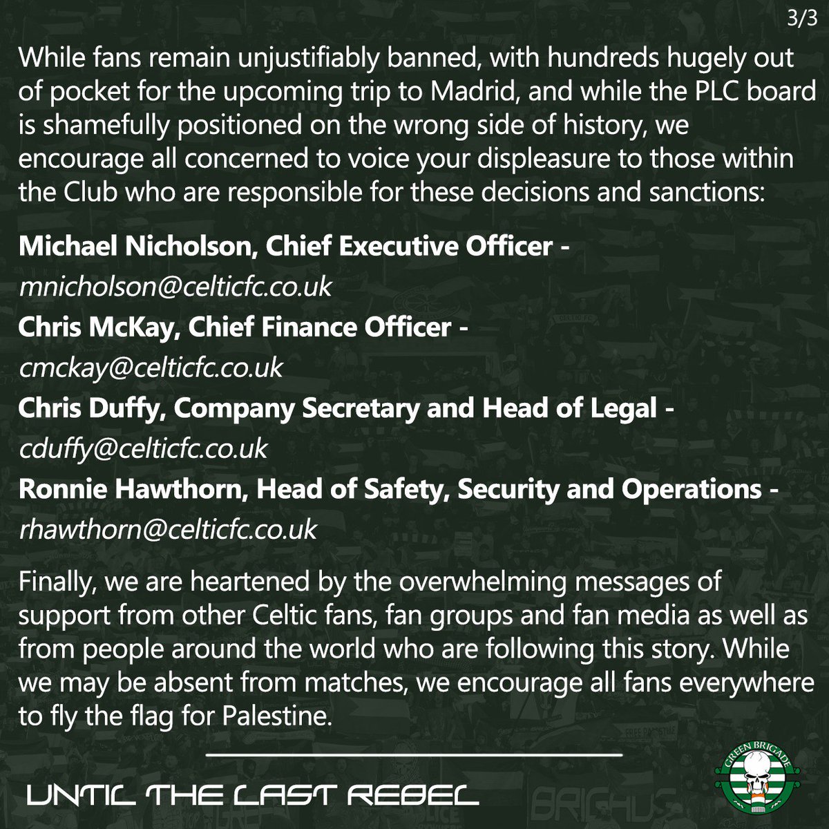 Green Brigade statement