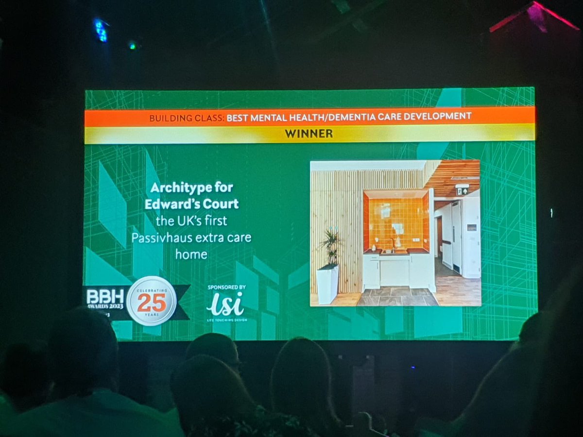 Huge round of applause to the @ArchitypeUK team for winning the Best Mental Healthcare / Dementia Care at this year’s Building Better Healthcare awards for Edward’s Court in Exeter. Wonderful to represent such a people-focused #Passivhaus design on stage #BBHAwards