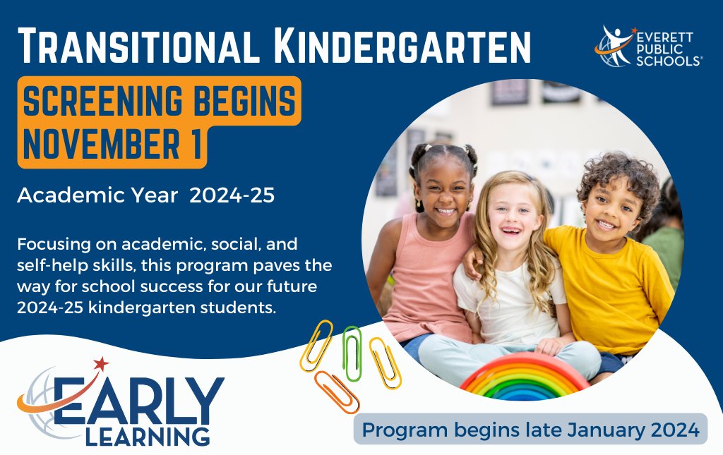 EverettSchools's tweet photo. Screening for Transitional Kindergarten is open! Focusing on academic, social, &amp; self-help skills, this program paves the way for school success for our future 2024-25 kindergartners. Eligibility criteria apply. Interest Form due by Dec. 12. More at https://t.co/3pdCArjOVI. https://t.co/OZUAEjGn3k