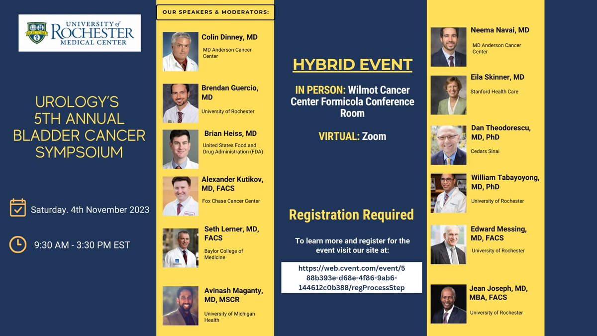 HAPPENING THIS WEEK‼️ You don't want to miss our #BladderCancerSymposium! 
We are honored to host this exciting lineup of speakers from across the nation to discuss the latest and greatest of #BladderCancer #Research. 
It's not too late to register! 👇web.cvent.com/event/588b393e…