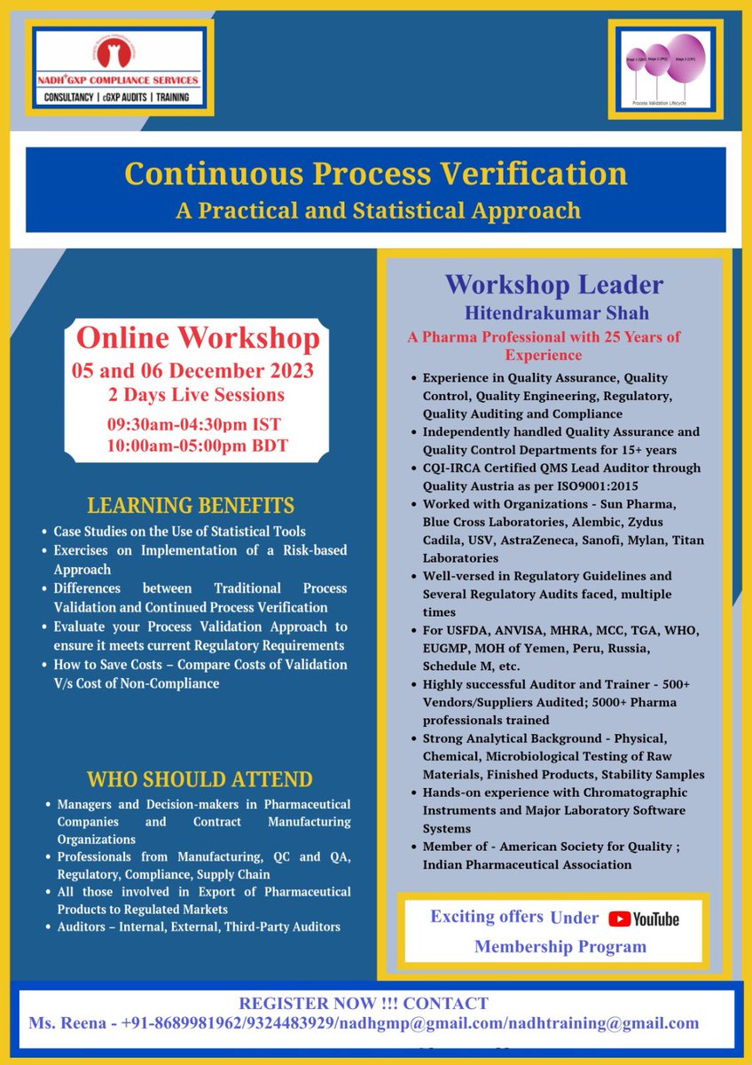 HITENDR97401471's tweet image. We are excited to announce that, we are organizing the online training workshop on  Continuous Process Verification.
There are many open threads in the Traditional #ProcessValidation approach, which need to be discussed, explained, and closed.