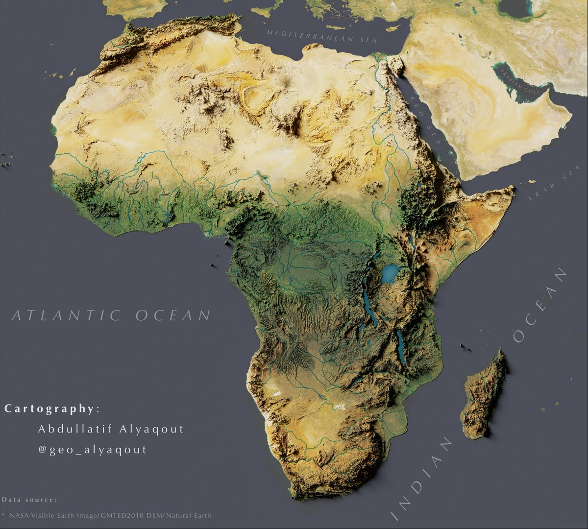 #30DayMapChallenge Africa relief map. A largely flat continent. Highlands are associated with the Rift valley in E. Africa, giving rise to Nile & Congo rivers. Fouta Djallon in the West, the Atlas mountains in N.W Africa and elevated South Africa are the other highlands.