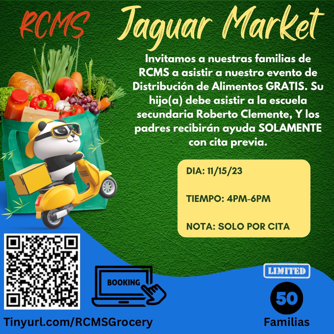 Roberto Clemente Middle School (@rcms_ocps) on Twitter photo FREE groceries for Jaguar families! Wednesday, 11/15, from 4-6. Make your appointment today! tinyurl.com/RCMSGrocery
Tremendously grateful to our sponsors, <a href="/Cigna/">Cigna Healthcare</a> and <a href="/feedhopenow/">Second Harvest Food Bank of Central Florida</a>! 🐆❤️🛒
<a href="/Agudo_OCPS/">Principal Agudo-OCPS</a> <a href="/OCPSnews/">ocpsnews</a> FREE groceries for Jaguar families! Wednesday, 11/15, from 4-6. Make your appointment today! tinyurl.com/RCMSGrocery
Tremendously grateful to our sponsors, <a href="/Cigna/">Cigna Healthcare</a> and <a href="/feedhopenow/">Second Harvest Food Bank of Central Florida</a>! 🐆❤️🛒
<a href="/Agudo_OCPS/">Principal Agudo-OCPS</a> <a href="/OCPSnews/">ocpsnews</a>