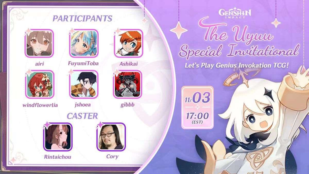 rintaichou's tweet photo. FRI 11/3, 2PM PDT
The Uyuu Special Invitational,
Genius Invokation TCG Event!

Come and watch a special TCG event with special rules &amp; conditions!

Organizers: @windflowerlia @blepthecat 
Hosting: Me &amp; @CoryYee 
Participants: @airiouka @Ashikai @TobaFuyumi @gib0__ @Jshoea1 &amp; Lia! https://t.co/HnVFkQUNxj