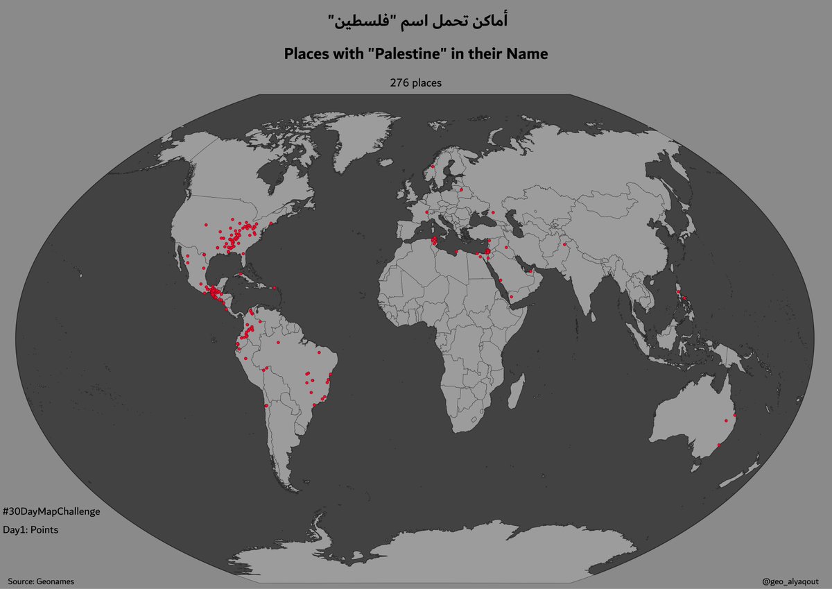 geo_alyaqout's tweet photo. Starting the #30DayMapChallenge with a #map showing all the places with #Palestine in their name
data from #geonames
used @qgis
نبدأ تحدي الخرائط مع #خريطة تعرض الأماكن التي تحمل اسم #فلسطين حول العالم
#الكويت #جامعة_الكويت #قسم_الجغرافيا
#kuwait #kuwait_university #geography