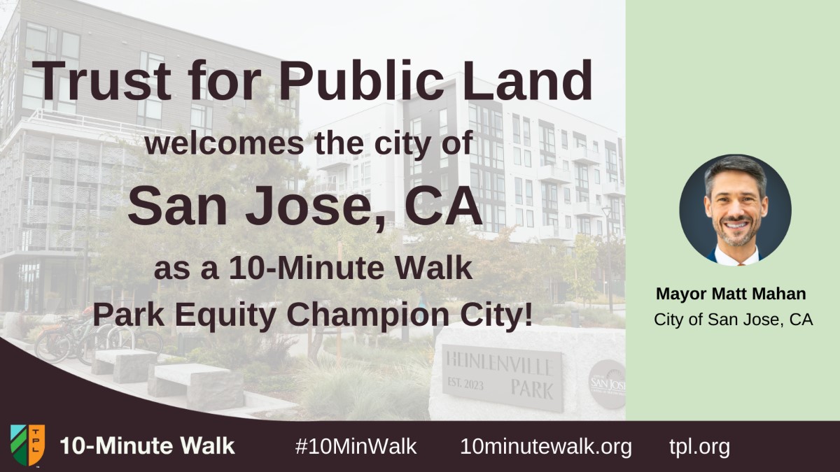 Welcome @CityofSanJose  & Mayor @MattMahanSJ as our newest #10MinWalk Park Equity Champion city! San Jose has a population of 1 million, with 426 parks and 15,221 acres of parkland. 80% of residents live within a 10-minute walk of a park.