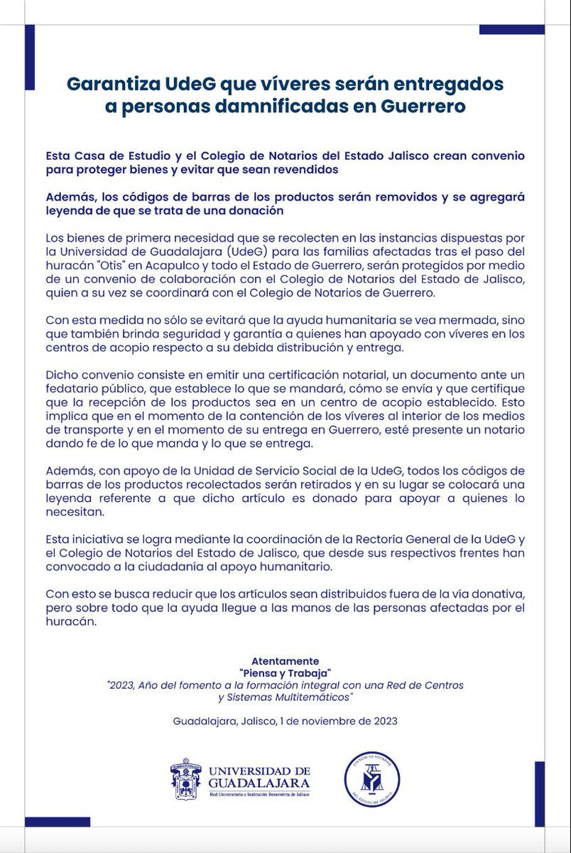 CUCSH_oficial's tweet image. 🔴⚠️ #ComunicadoUdeG: 
🏢⚖️✍️🏽📝 #UdeG y Colegio de Notarios firman convenio para asegurar entrega de víveres recolectados en los centros de acopio de #RedUdeG a personas afectadas por #HuracánOtis en Acapulco 🥗🥫🌪🌪🌪
 #ComunidadCUCSH conoce los detalles aquí 👇🏽👇🏽👇🏽