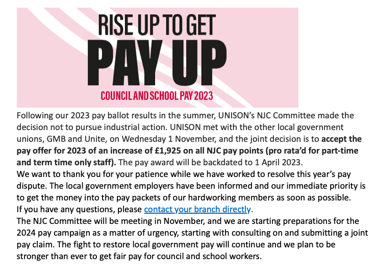 An important update for local government members affected by the NJC pay dispute - the joint trade unions have decided to ACEEPT this years' offer. Read more below 👇