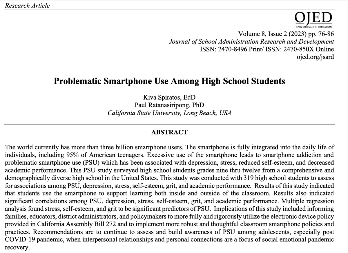 JSARD_'s tweet image. New research paper, "Problematic Smartphone Use Among High School Students" by @drkspiratos &amp;amp; Dr. Ratanasiripong at @CSULBCED @CSULB 

#PSU #smartphoneaddiction #putthephonedown

PDF access: ojed.org/index.php/JSAR…