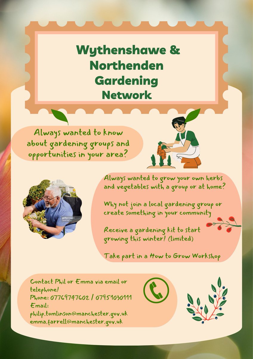 Do you want to know about gardening opportunities in #Wythenshawe ? Contact Emma 07951030111 Phil 0776974602 for more information on the gardening network.