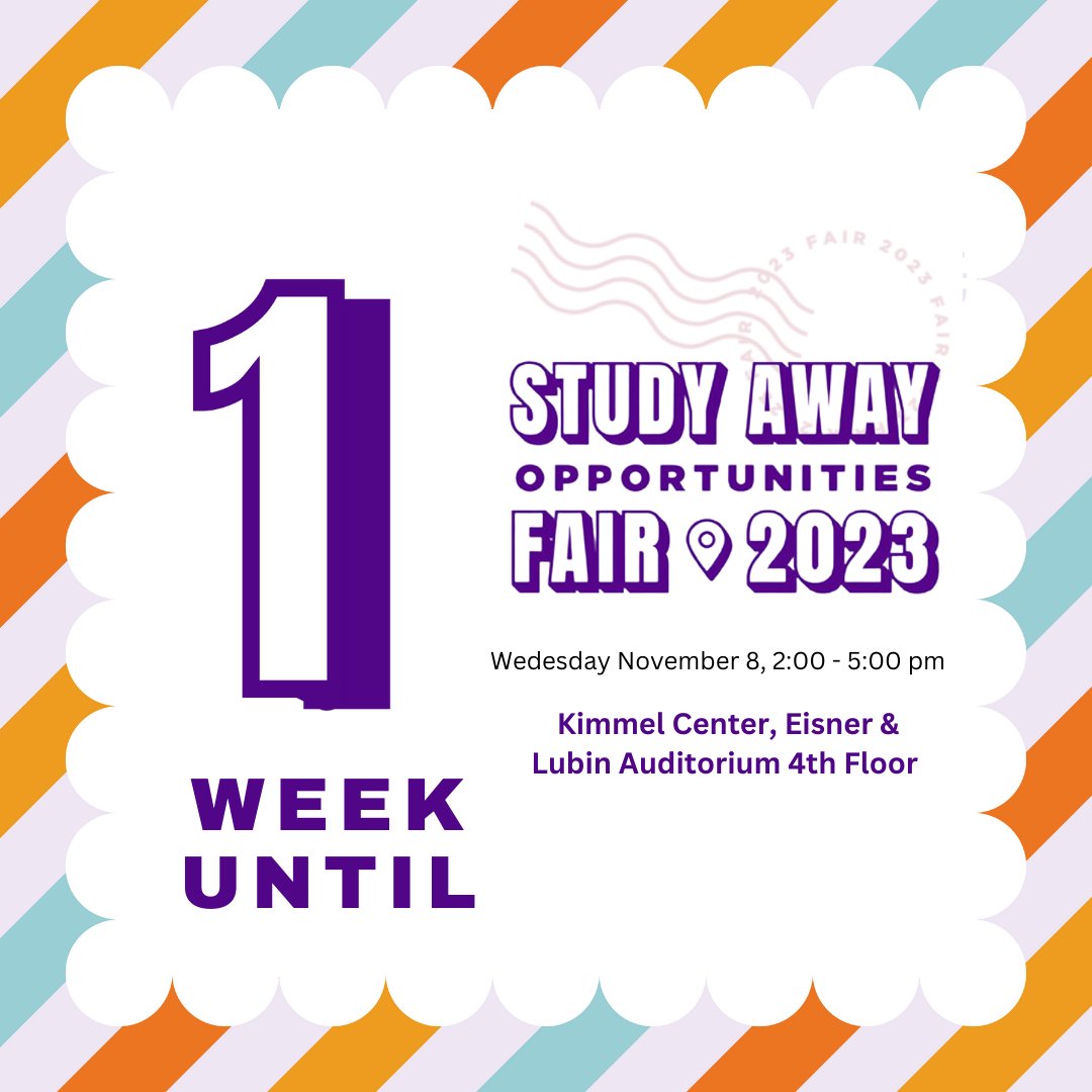 Have you secured your spot? ✍️ The Study Away Fair is on November 8th from 2 to 5 PM!

Don't miss your chance to engage with advisors, explore our diverse study locations, and connect with study away alum.

NYU Undergrad RSVP here: bit.ly/404tMHp🌍🎉 #NYUStudyAway