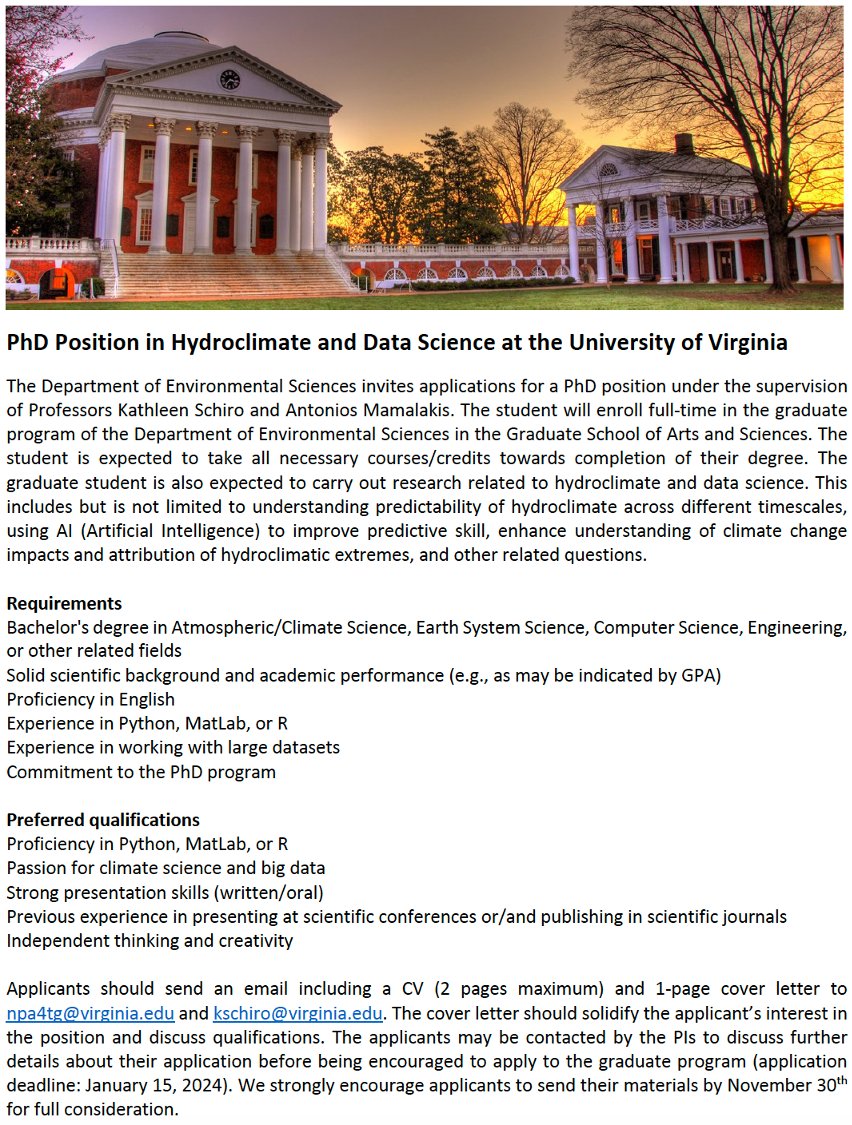 🌊 Join @kathleenschiro and myself for a PhD in Hydroclimate & Data Science at the University of Virginia! 📚Barckground in climate science?🤖Passion for data science and AI? Send us your CV & cover letter! Apply by Nov 30th for full consideration!🗓️ #PhDposition #UVA