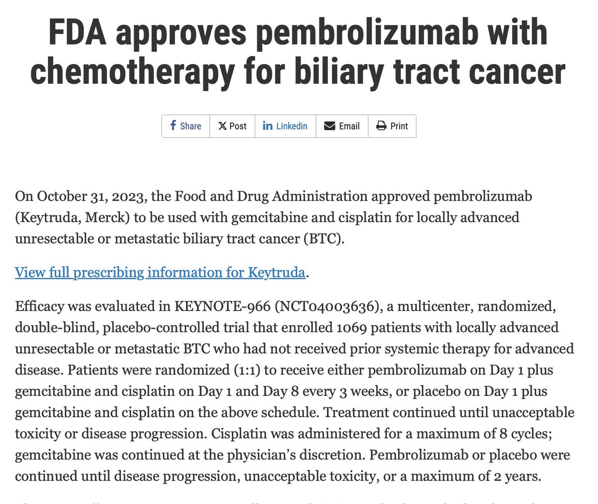 FDA approves pembrolizumab with chemotherapy for biliary tract cancer fda.gov/drugs/resource…
👉good news, more options for our patients...
🧐Let's see how long it will take to get it approved by EMA...
<a href="/myESMO/">ESMO - Eur. Oncology</a> <a href="/EASLnews/">EASLnews</a> <a href="/ILCAnews/">ILCA</a> #livertwitter