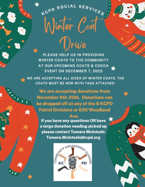 kcpolice's tweet photo. 🚨WINTER COAT DRIVE🚨

All six of our patrol stations will soon collect winter coats that will be donated to community members on Dec. 7.

Our winter coat drive begins Monday, Nov.6. Please help our social services team provide some warmth this upcoming winter. https://t.co/MrF0om8hJO