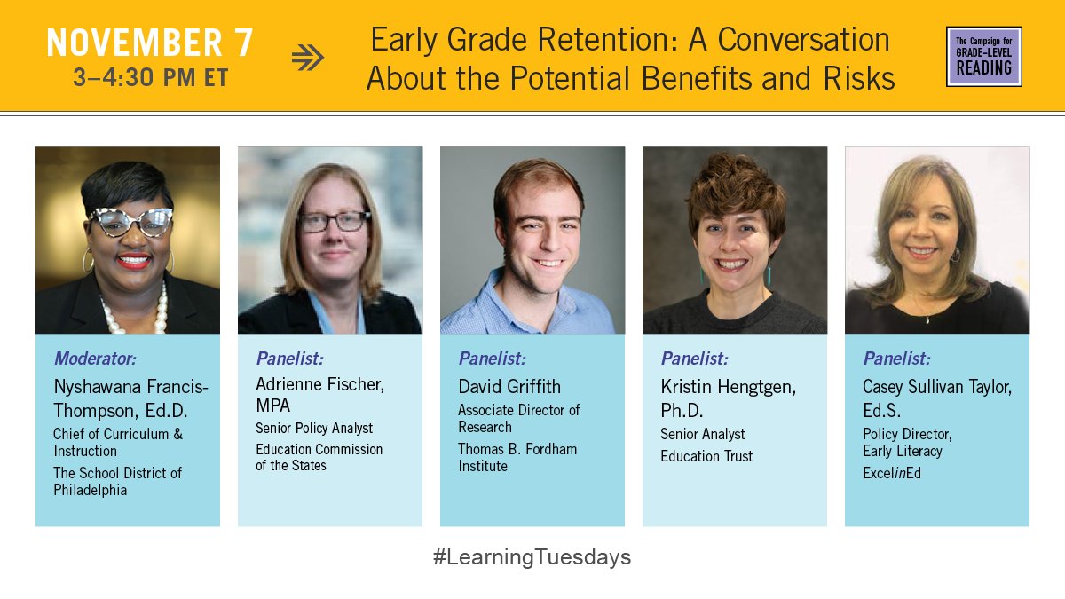 Join @readingby3rd @educationgadfly @EdTrust @ExcelinEd @EdCommission & @PHLschools for a #LearningTuesdays webinar 11/7 3pm for a conversation exploring the benefits + risks of early grade retention + potential impact on middle school success. Register➡️ ow.ly/nQig50Q1Bjn