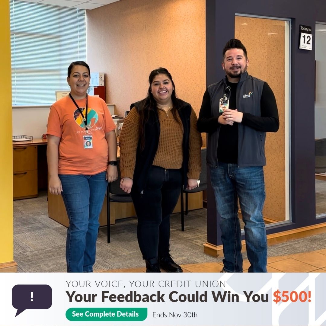 ZingCreditUnion's tweet photo. Get a chance to win $500 for just sharing your thoughts! Take our member survey today. Complete rules and details at the link. 🔗 https://t.co/5nBAAahrua https://t.co/kD4MGA9PmL