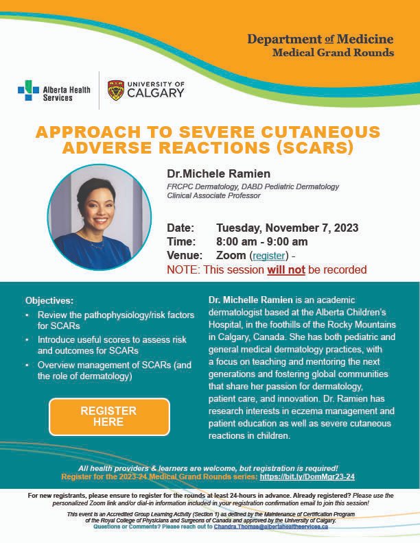 Join us on November 7 for @CalDomMed Medical Grand Rounds on zoom. Dr. Michele Ramien will present on the 'Approach to Severe Cutaneous Adverse Reactions (SCARS). Register here: bit.ly/DomMgr23-24 #medicalgrandrounds