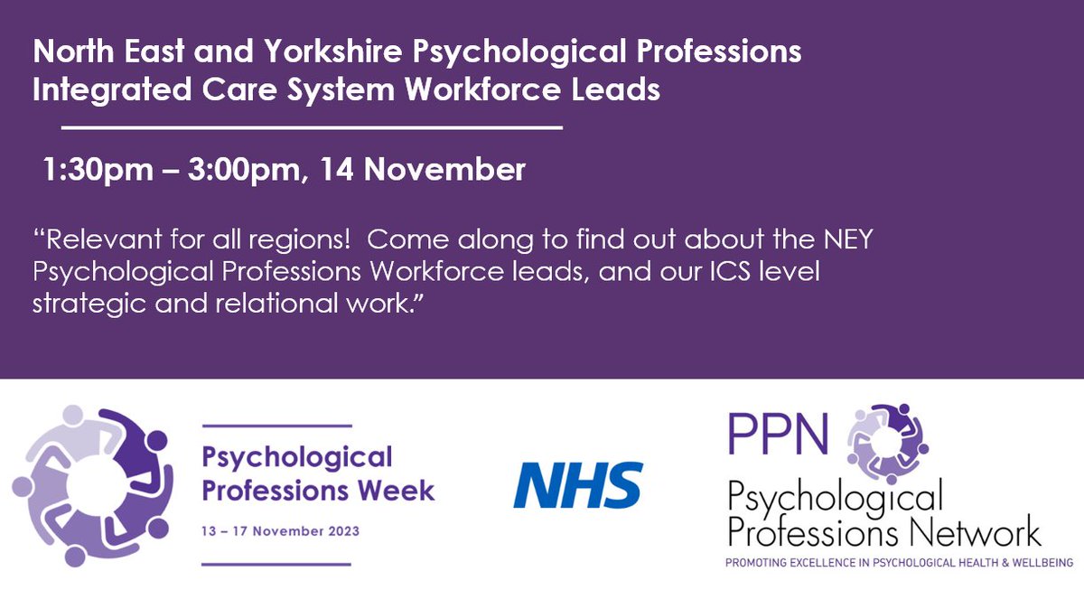 PPN NEY is pleased to present the Integrated Care System (ICS) Workforce Leads event for #PsychologicalProfessionsWeek2023
 
To find out more about how ICS Workforce leads plan to expand Psychological Professions in our region,
sign up for our webinar: events.england.nhs.uk/events/north-e…